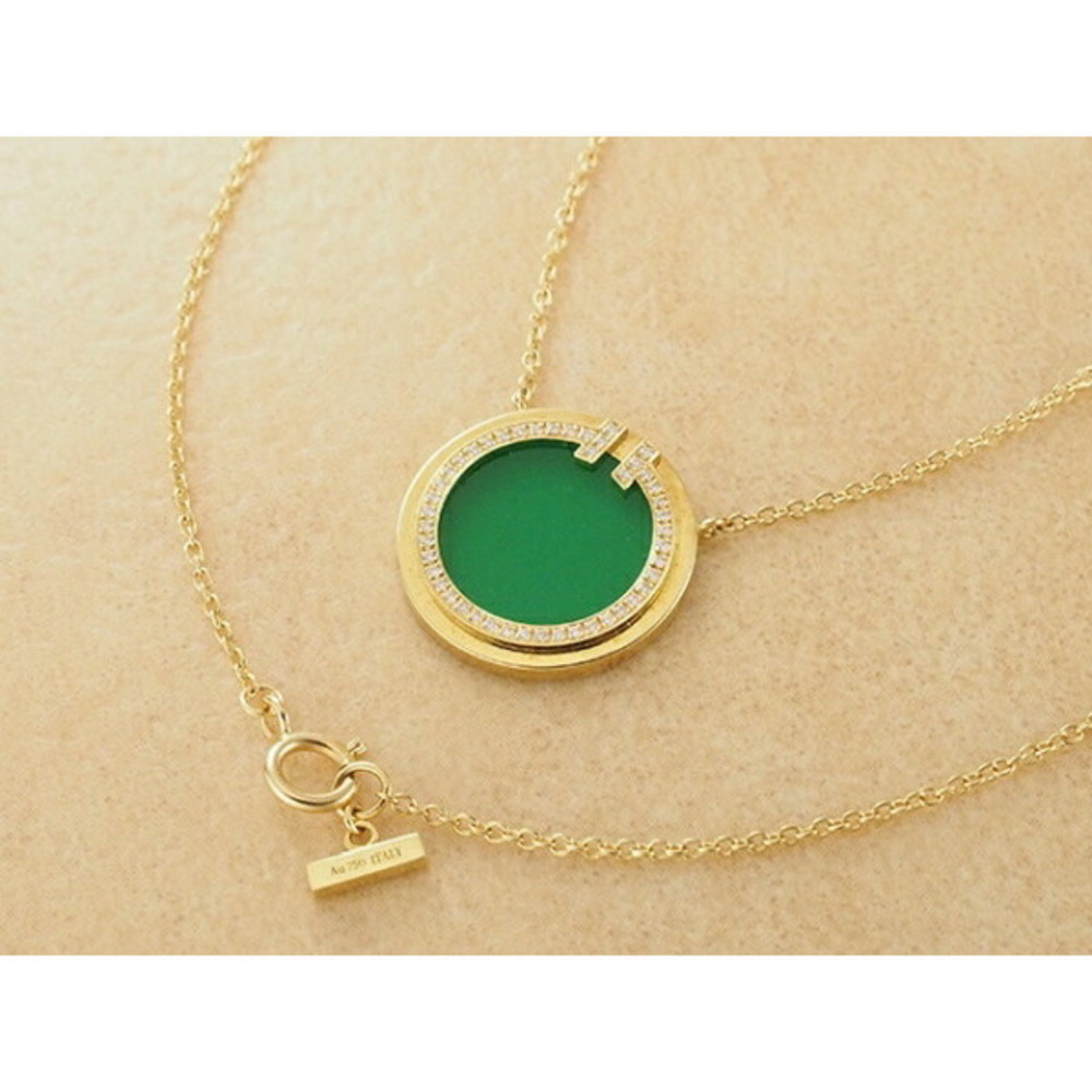 Tiffany T Circle Green Agate Diamond Necklace Yellow Gold